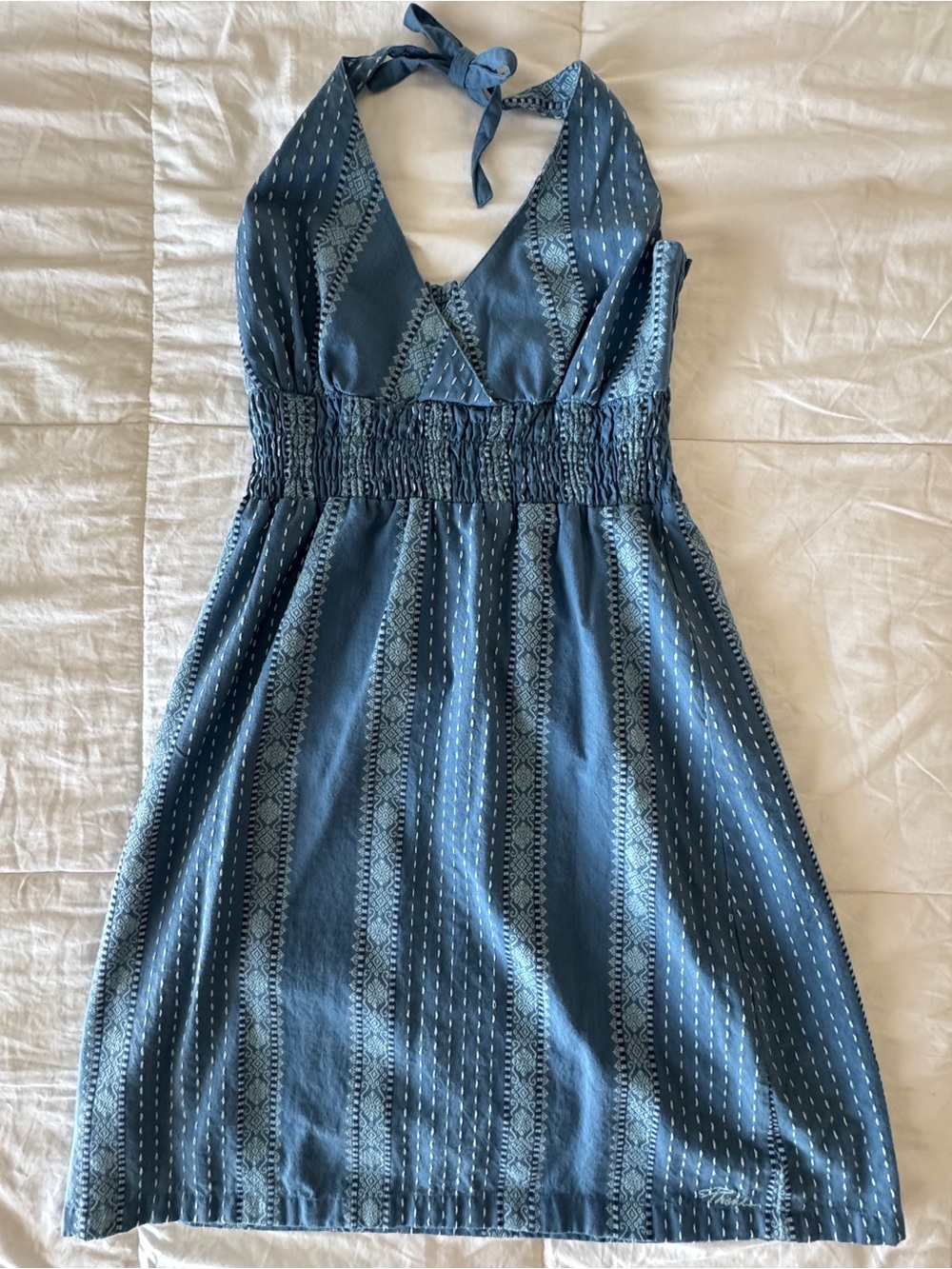 prAna Halter Dress Small Blue Tribal Print V-Neck Smocked Waist Boho Cotton